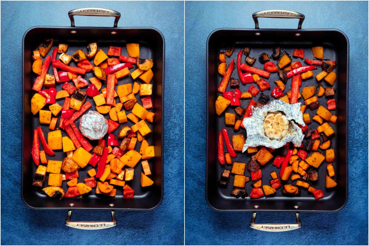 Two photo collage showing vegetables and a head of garlic before and after roasting.