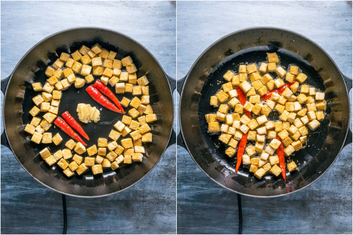 Chilis and garlic added to skillet and sautéed.