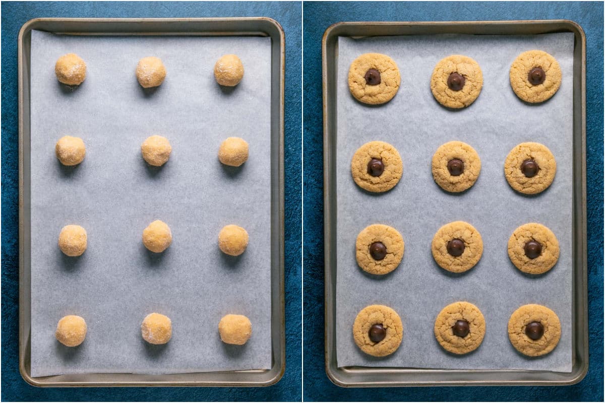 Two photo collage showing cookies on a baking tray before and after baking.