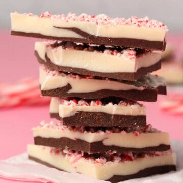 Vegan peppermint bark in a stack.