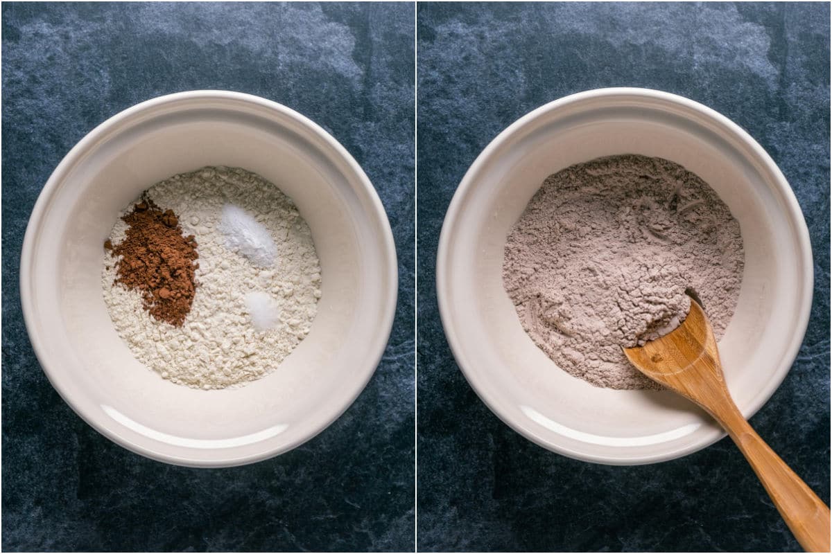 Collage of two photos showing dry ingredients added to mixing bowl and mixed.