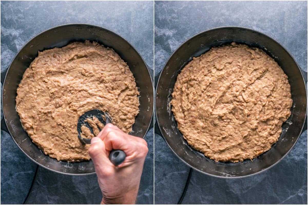 Mashing the beans with a potato masher.