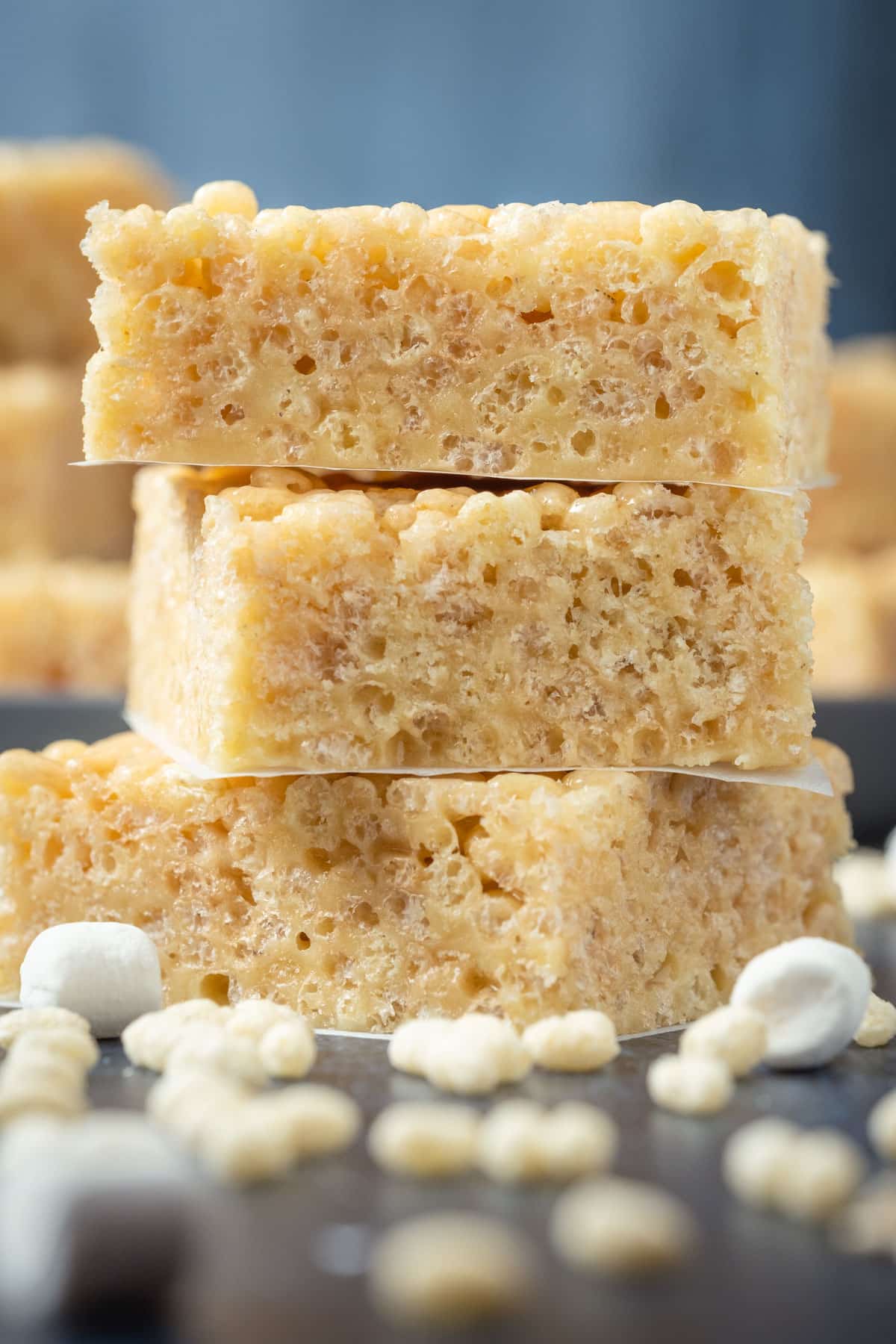 Stack of three vegan rice krispie treats.