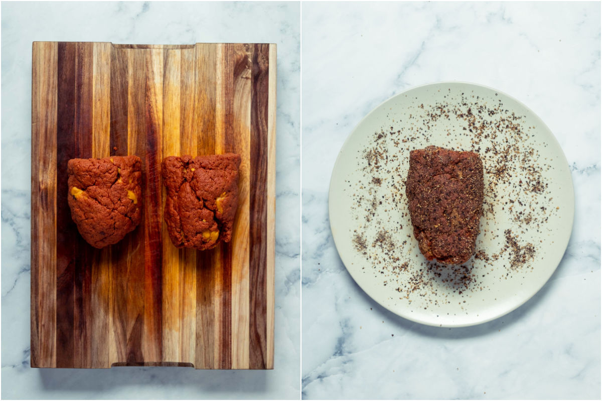 Two photo collage showing the sausage cut into two and then rolled in black pepper.