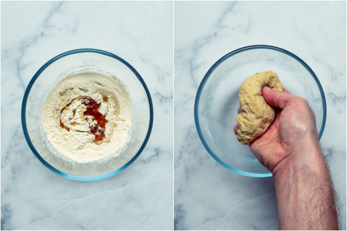 Two photo collage showing oil and vegetable stock added to dry ingredients and formed into a ball of dough.