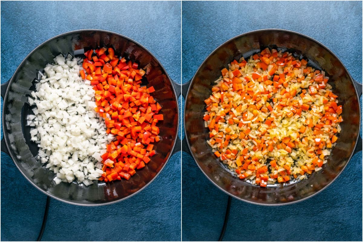 Olive oil, onion and red bell pepper added to skillet and sautéed.