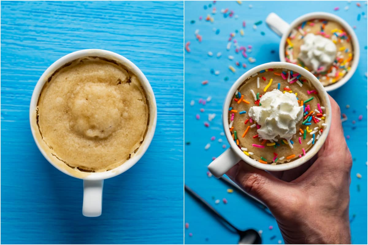 Two photo collage showing the cooked mug cake and then decorated.