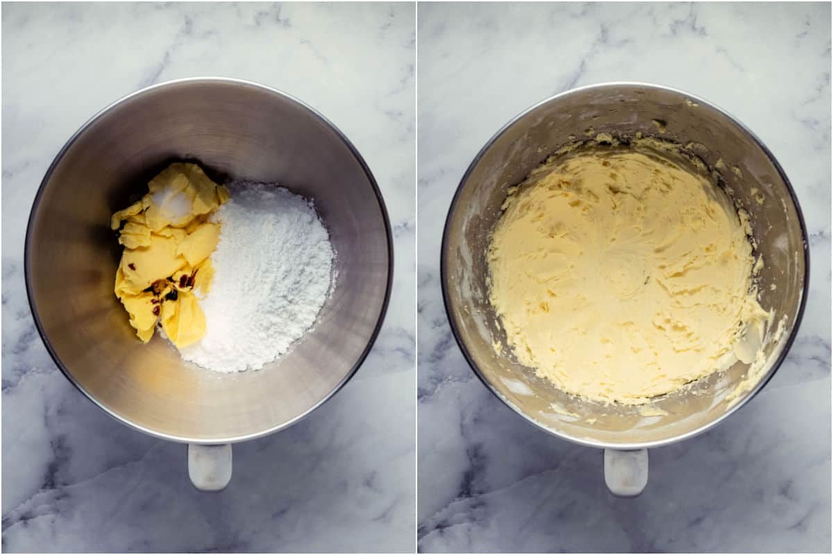 Two photo collage showing ingredients for buttercream added to stand mixer and then whipped into buttercream.