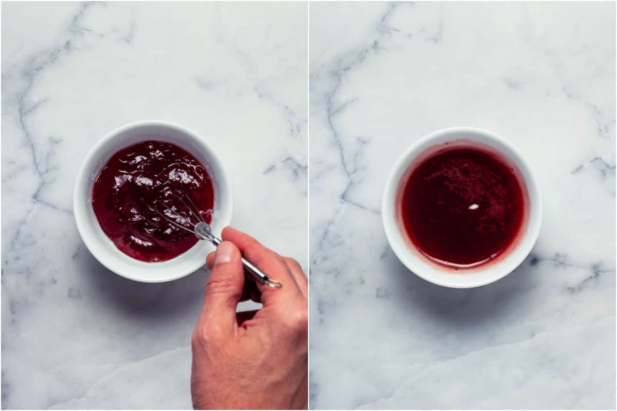 Collage of two photos showing strawberry jam added to bowl and then whisked till smooth.