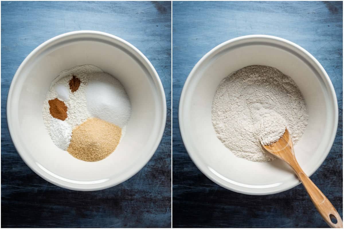 Collage of two photos showing dry ingredients added to mixing bowl and mixed.